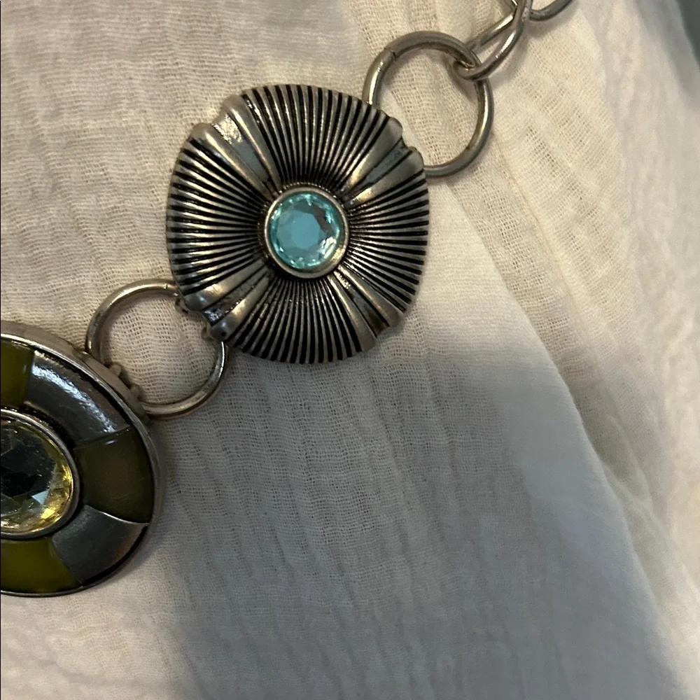 Chico's Metallic Silver and Olive Green Circular Link Belt